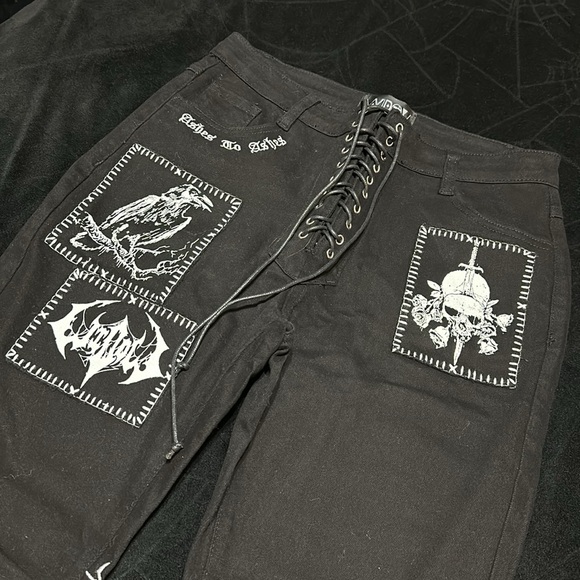 NWT Widow Miss Murder Lace-Up Patch Jeans, Med - Picture 2 of 8